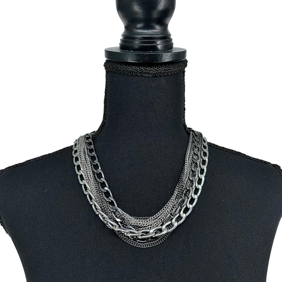 Layered Mixed Metal Chain Necklace Multi Strand Gunmetal Silver Edgy Punk Goth - Picture 11 of 15